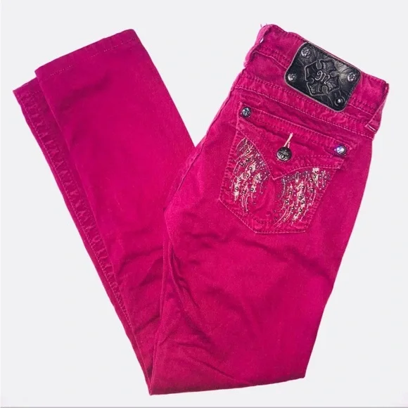 { MISS ME } 5-Pocket Low Rise Skinny Jeans pink angel wings Fuschia 29x31 inseam - Picture 3 of 11